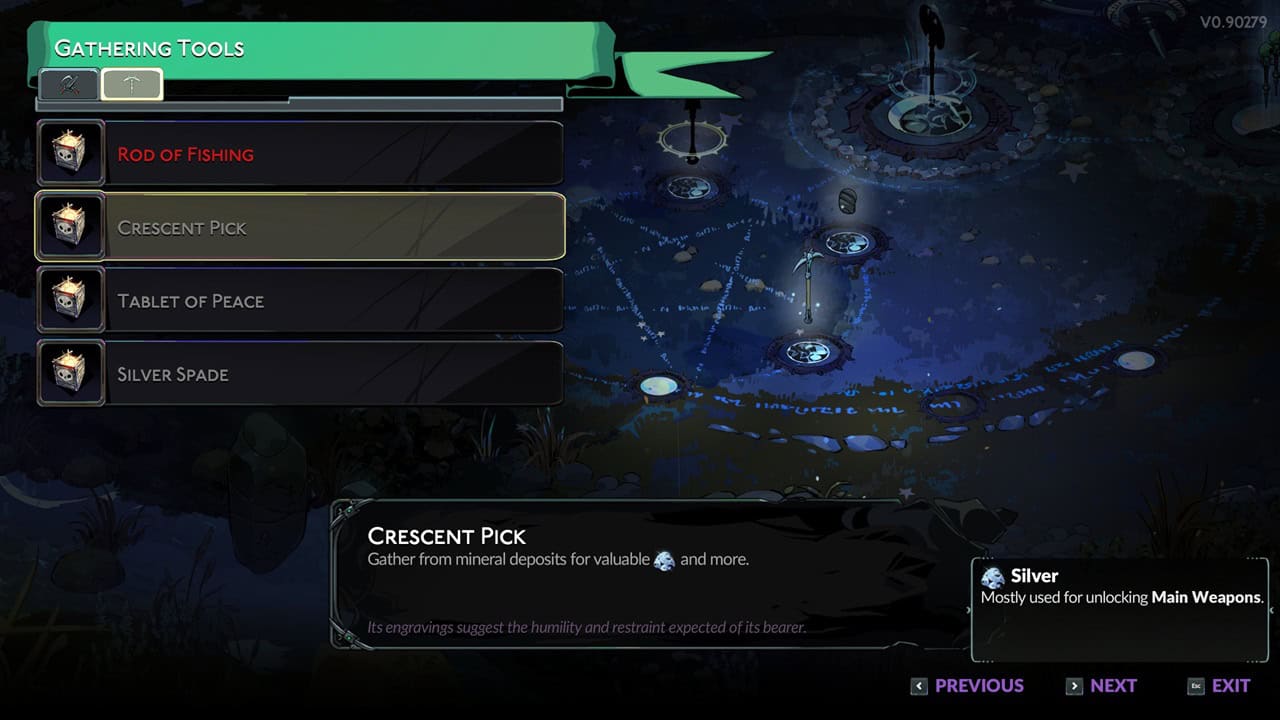 Hades 2 tips and tricks: A player checks out the gathering tools in the game. Image captured by VideoGamer.