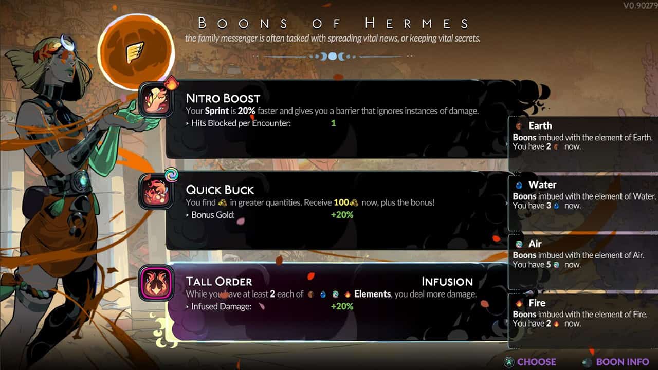 Hades 2 tips and tricks: A player checks out Hermes' boons. Image captured by VideoGamer.