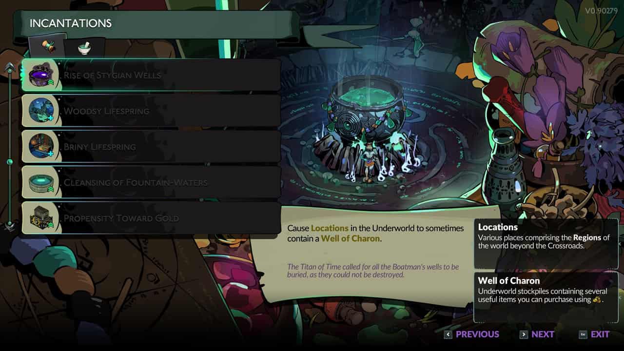 Hades 2 tips and tricks: A player checks out the incantations at the Crossroads. Image captured by VideoGamer.