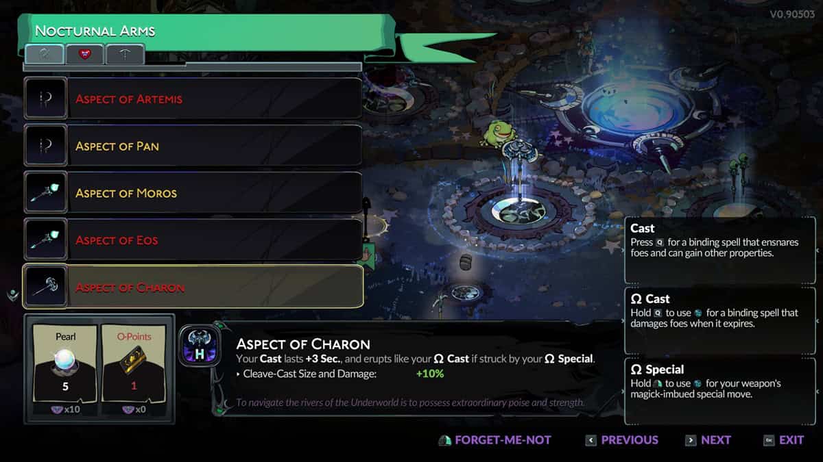 Hades 2 weapon aspects: A player checks out Moonstone Axe aspects. Image captured by VideoGamer.