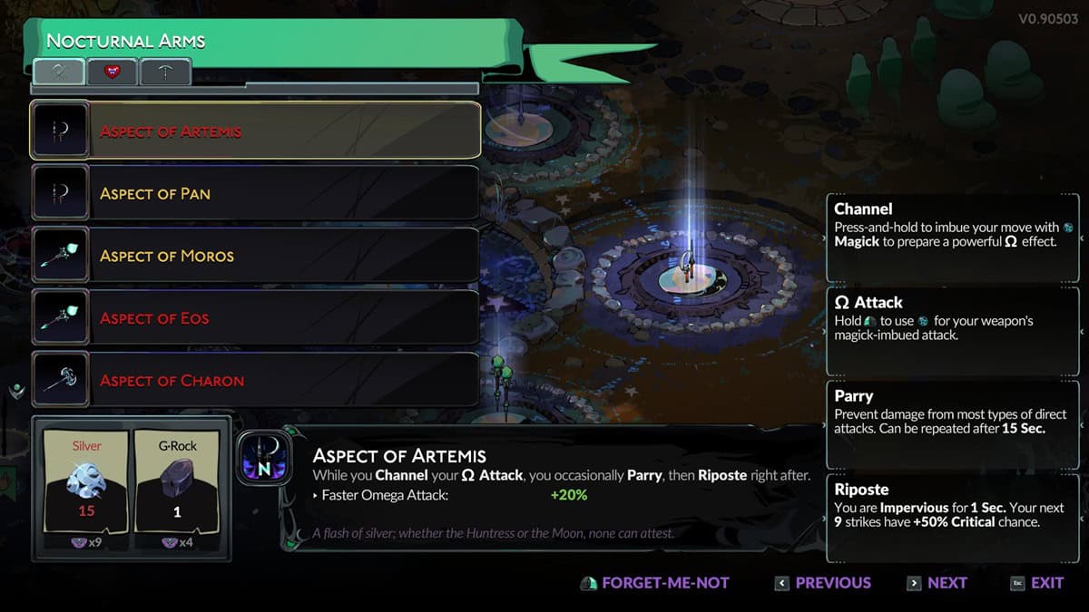 Hades 2 weapon aspects: A player checks out Sister Blades aspects. Image captured by VideoGamer.