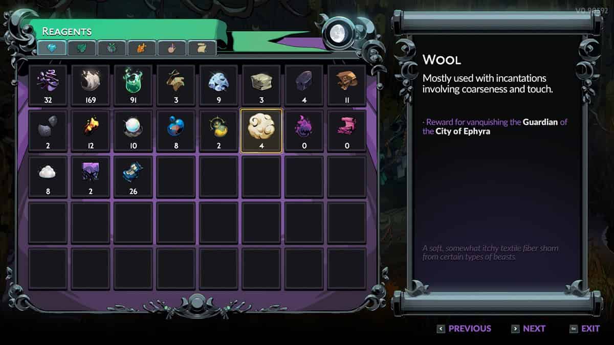 Hades 2 Wool: A player checks out Wool in their inventory. Image captured by VideoGamer.