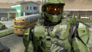 Master Chief from Halo Infinite standing in Call of Duty: Black Ops 6 Nuketown