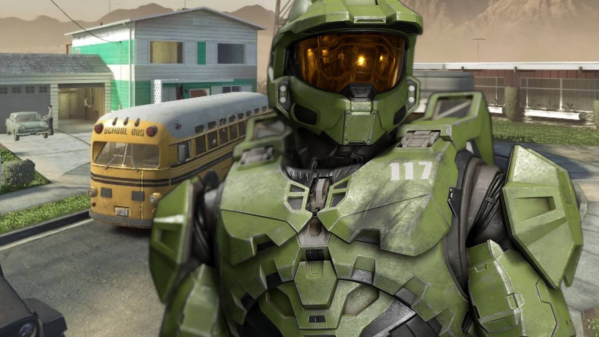 Master Chief from Halo Infinite standing in Call of Duty: Black Ops 6 Nuketown