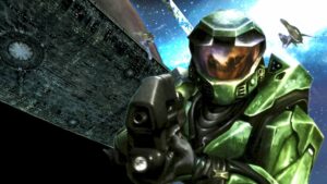 Halo Combat Evolved Master Chief standing in front of the Halo ring
