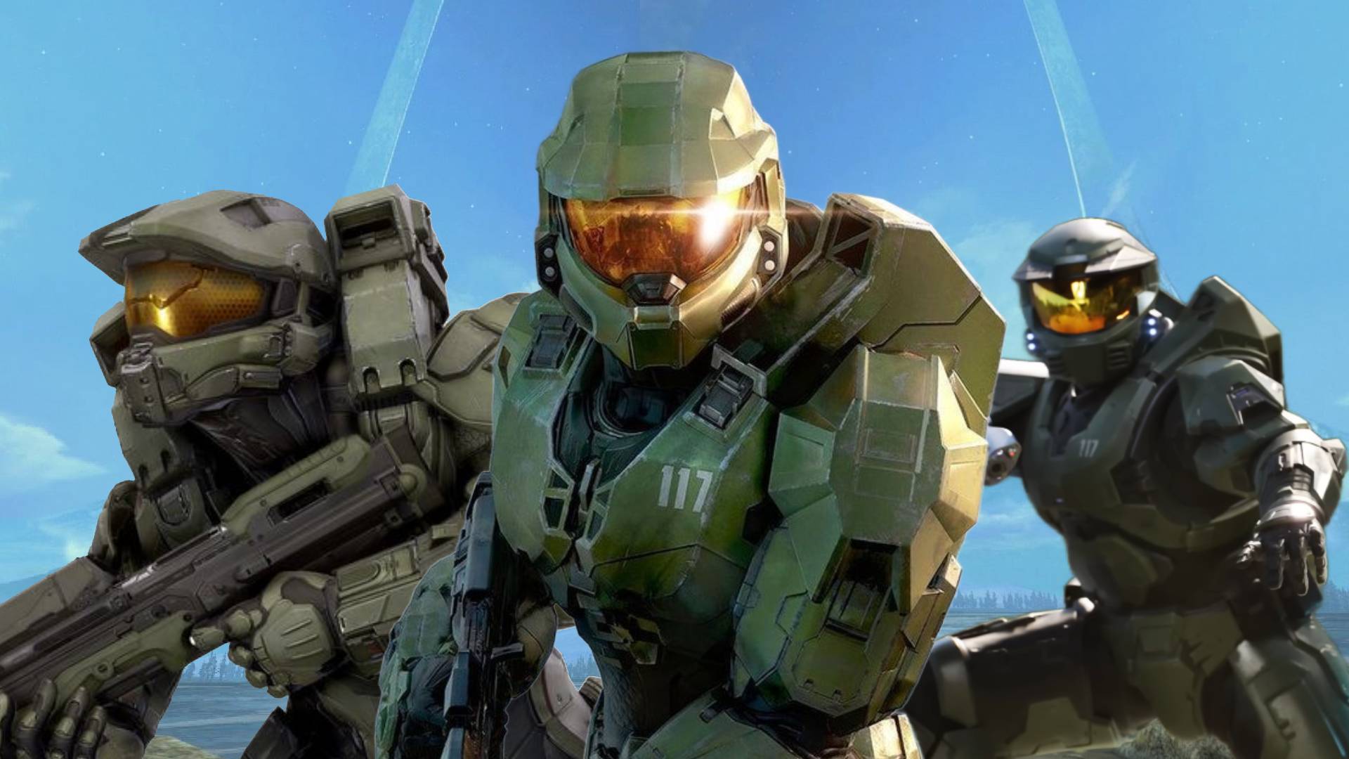 Halo 5, Halo Infinite and Halo Unreal Master Chief variants standing in front of a Halo ring