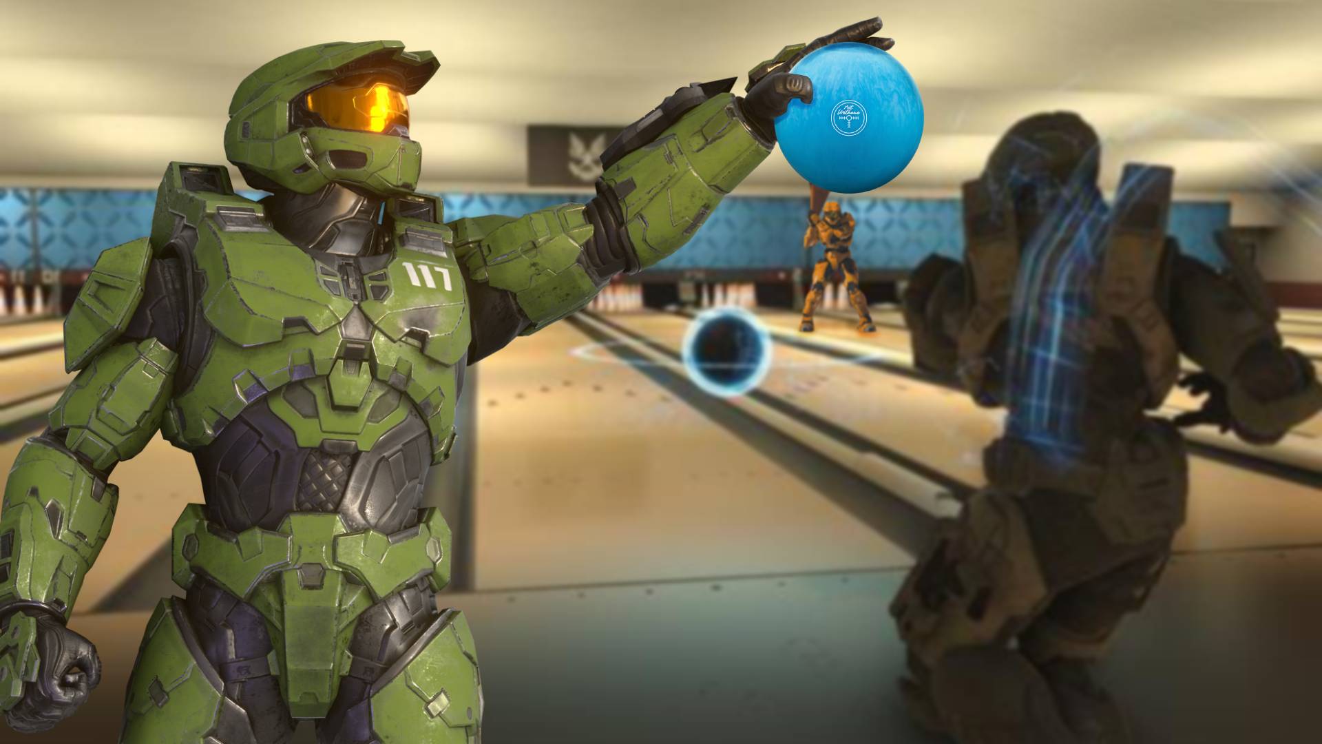 Halo Infinite Master Chief holding a bowling ball as another spartan bowls. In the background, Red vs Blue character Dexter Grif holds a traffic cone