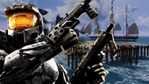 Halo Studios - H2A Master Chief standing with dual SMGs in front of a pirate ship
