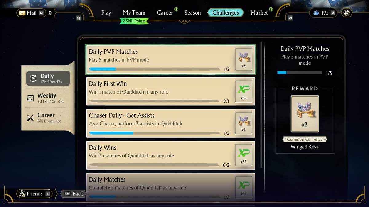 Harry Potter Quidditch Champions Winged Keys: A list of daily challenges and their rewards.