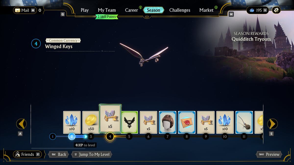 Harry Potter Quidditch Champions Winged Keys: The season pass showing five Winged Keys as a reward.