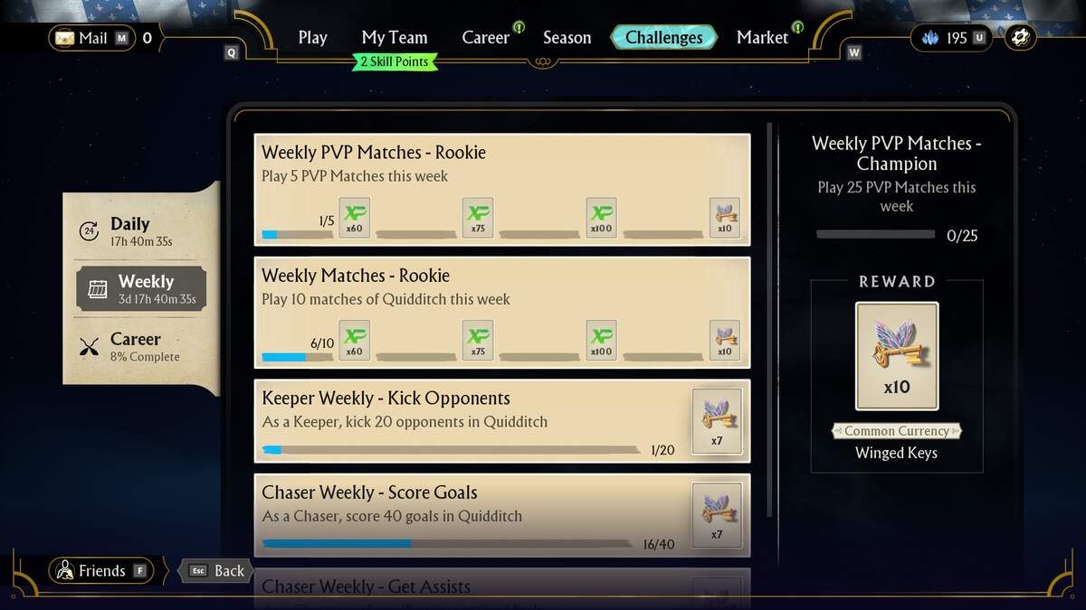 Harry Potter Quidditch Champions Winged Keys: A list of weekly challenges and their rewards.