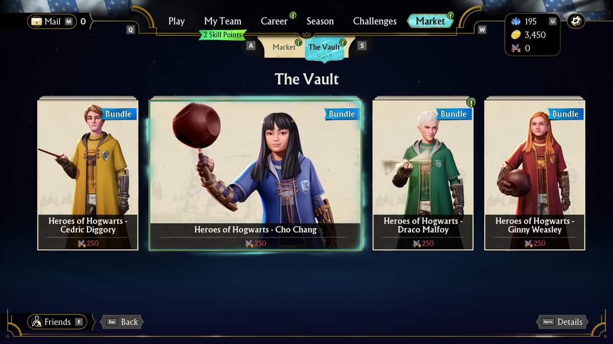 Harry Potter Quidditch Champions Winged Keys: The Vault showing four bundles for sale including Cedric Diggory, Cho Chang, Draco Malfoy and Ginny Weasley.