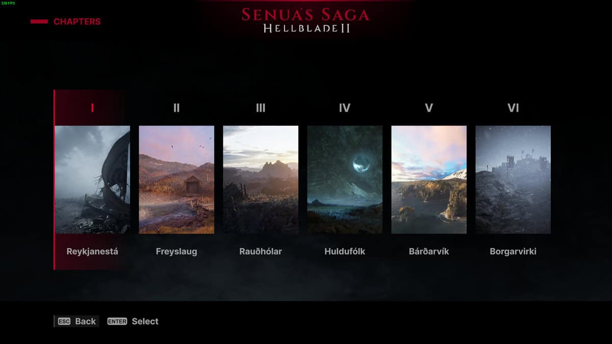 Hellblade 2 chapter list: in-game menu detailing all the chapters in Hellblade 2.