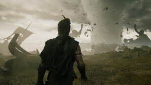 Hellblade 2 cheats and console commands: Senua starring out toward the sea, a giant, and a large tornado.