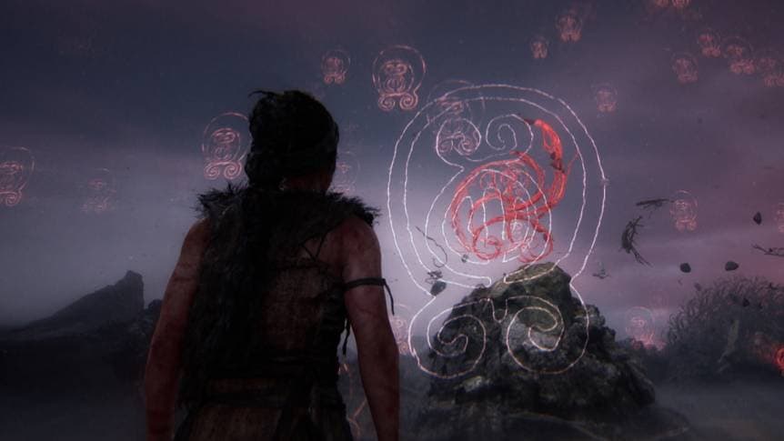 Hellblade 2 mods: protagonist Senua stands facing intricate, glowing symbols in dark environment.