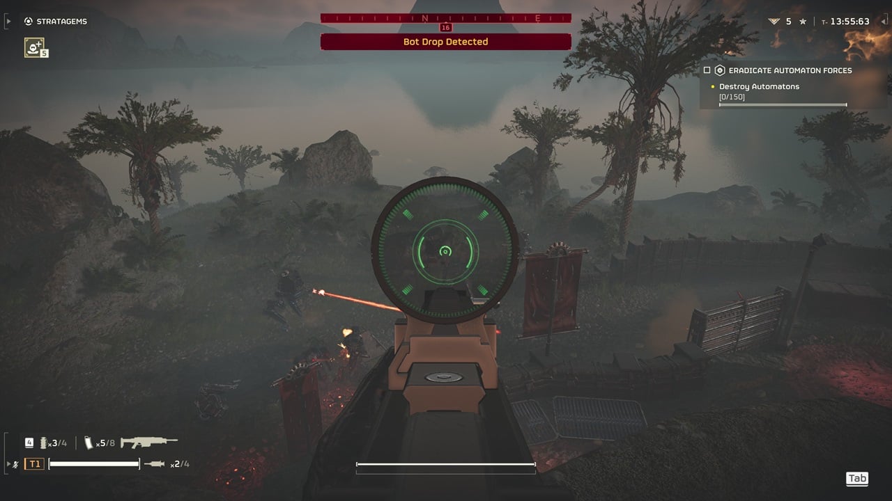 An image of a player aiming in first-person mode in Helldivers 2. Image captured by VideoGamer.