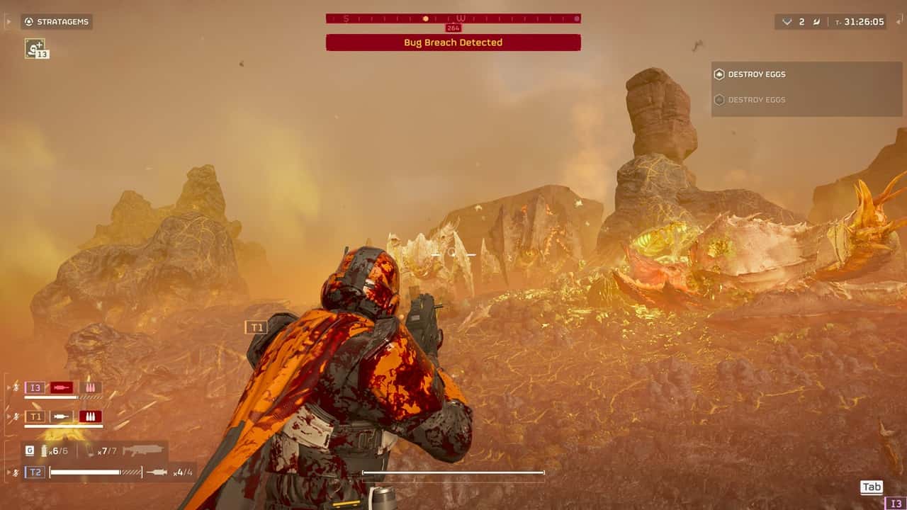 A player, wearing the best armor from Helldivers 2, encounters an alien environment with a "bug breach detected" alert during a mission to destroy eggs in a first-person shooter video game.