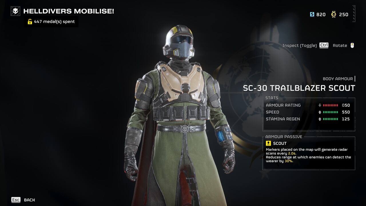 Helldivers 2 best armor: The SC-30 Trailblazer Scout armor suit in the game's armory.