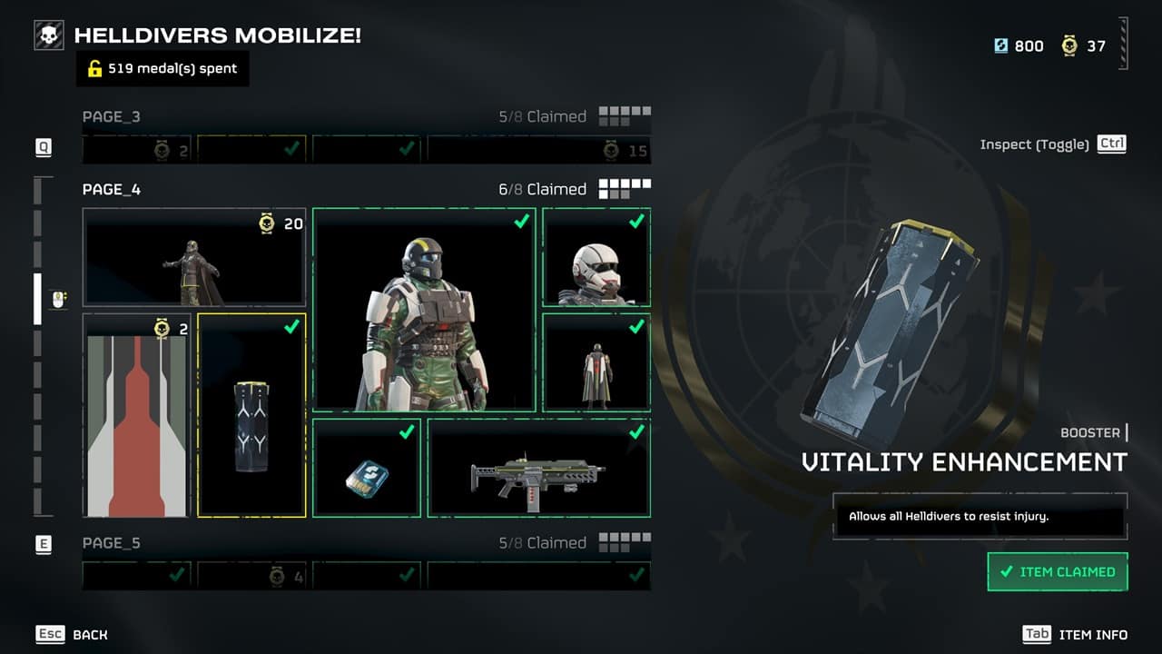 Helldivers 2 best boosters: The Vitality Enhancement booster in the game. Image captured by VideoGamer.