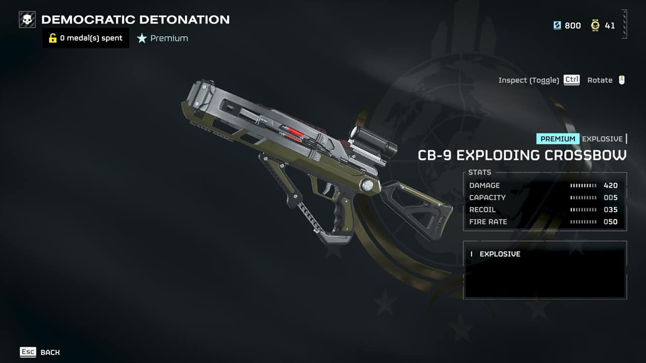 Helldivers 2 best items in Democratic Detonation: The CB-9 Exploding Crossbow in the acquisitions menu. Image captured by VideoGamer.