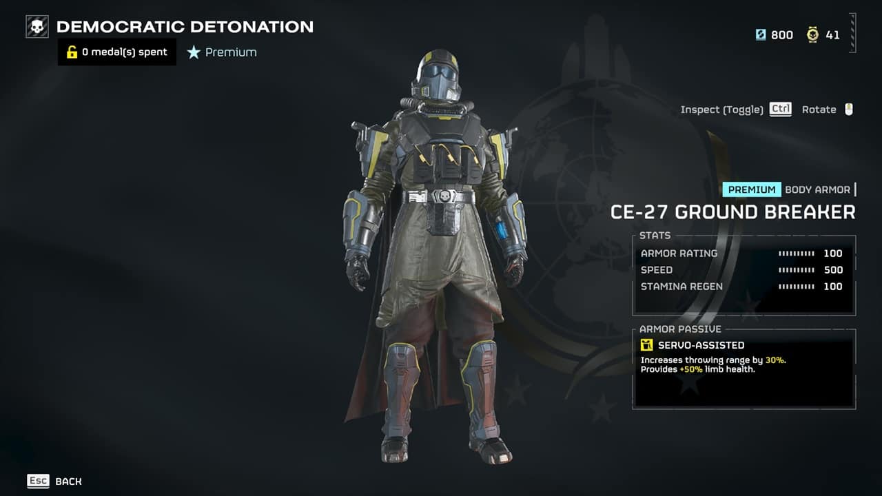 Helldivers 2 best items in Democratic Detonation: The CE-27 Ground Breaker in the acquisitions menu. Image captured by VideoGamer.