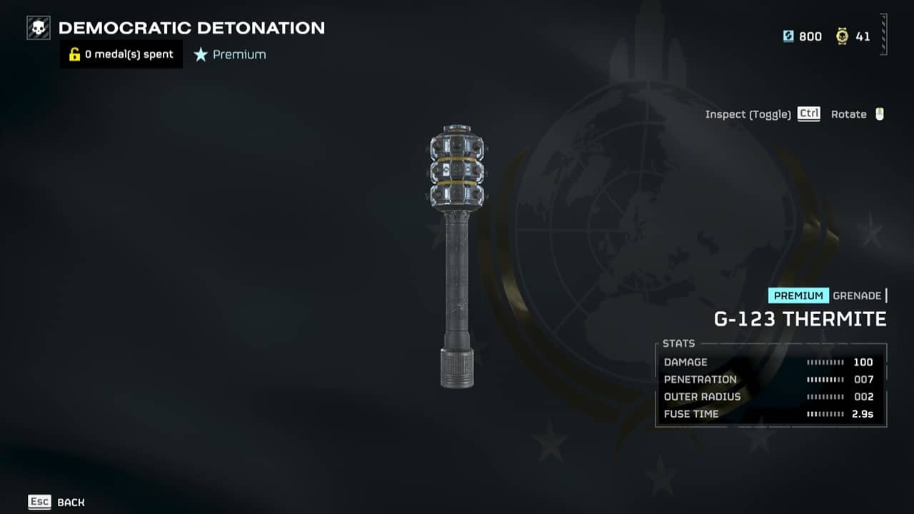Helldivers 2 best items in Democratic Detonation: The G-123 Thermite in the acquisitions menu. Image captured by VideoGamer.