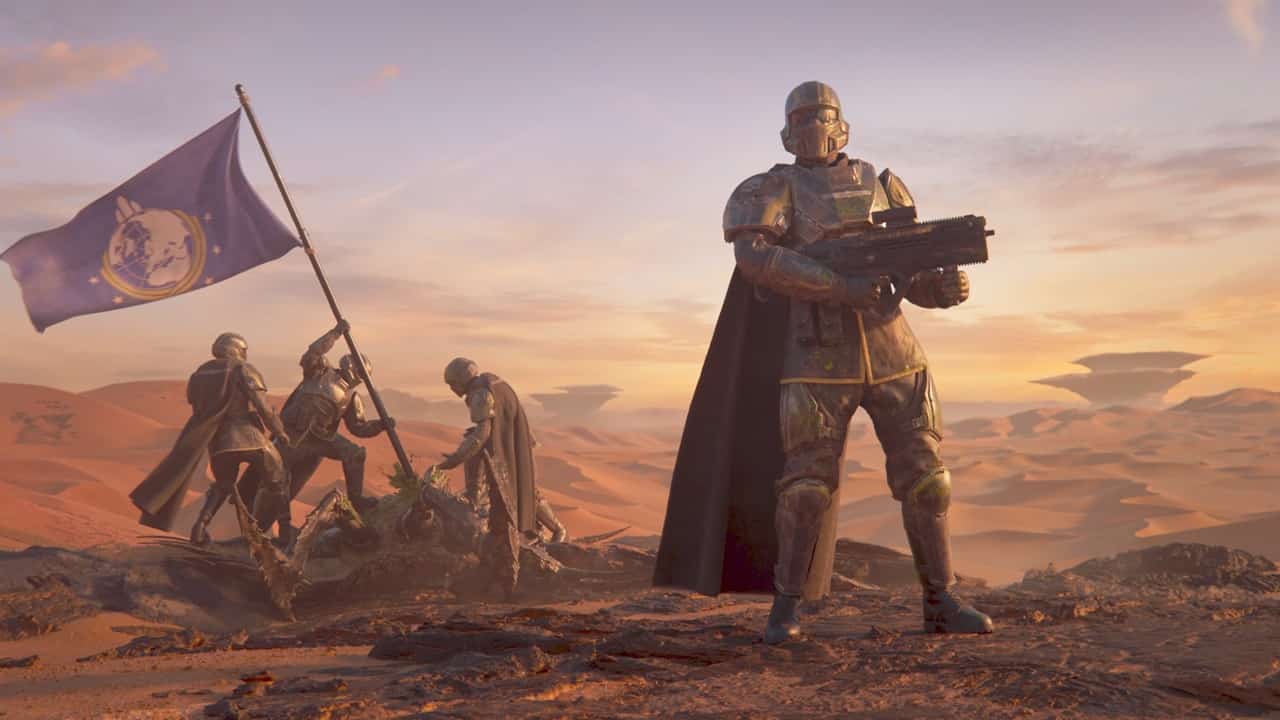 A futuristic soldier in armor stands with a rifle beside comrades planting a flag in an auto-drafted desert landscape.