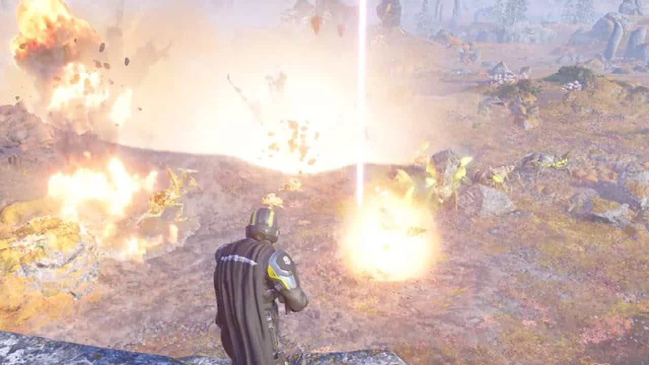 Helldivers 2 best stratagems: A player uses the Eagle Airstrike to destroy an alien squad. Image captured by VideoGamer.