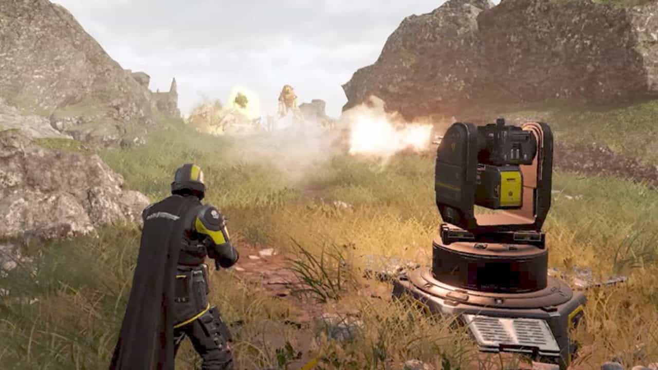 Helldivers 2 best stratagems: A player uses the Gatling Sentry against Terminids. Image captured by VideoGamer.