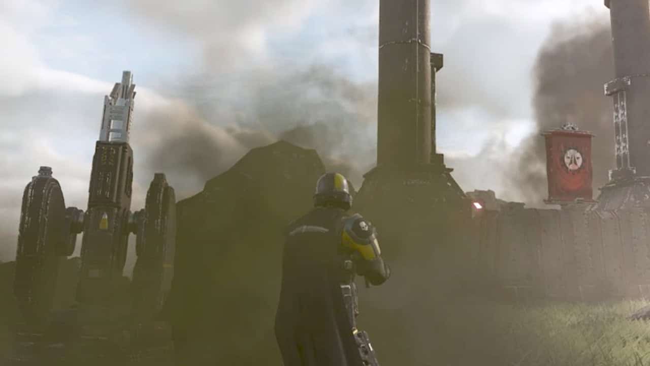 Helldivers 2 best stratagems: A player uses a Mortar Sentry to clear an Automaton base. Image captured by VideoGamer.