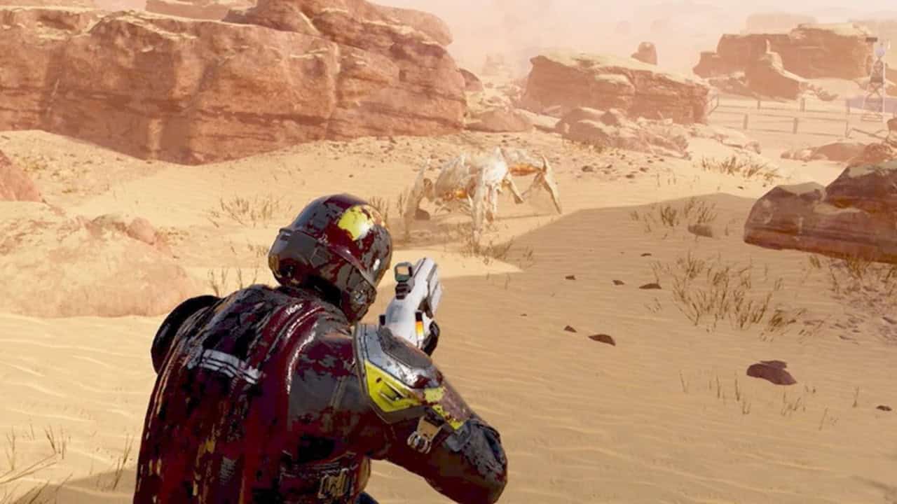 Helldivers 2 best stratagems: A player uses the Railgun against a bug in the game. Image captured by VideoGamer.