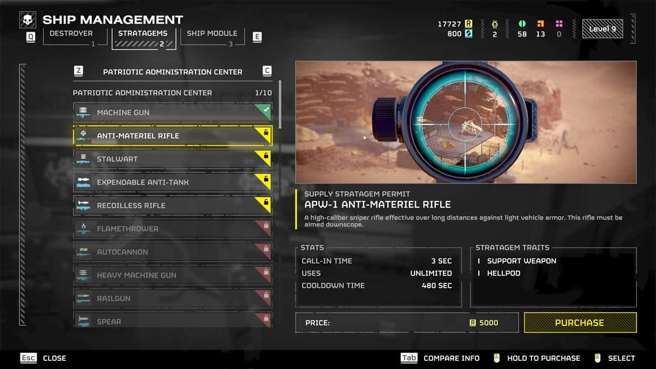 Helldivers 2 best weapon tier list: The Anti-Material Rifle in the game's ship management menu. Image captured by VideoGamer.