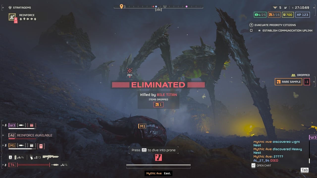 An image of a player being defeated by a Bile Titan in Helldivers 2. Image captured by VideoGamer.