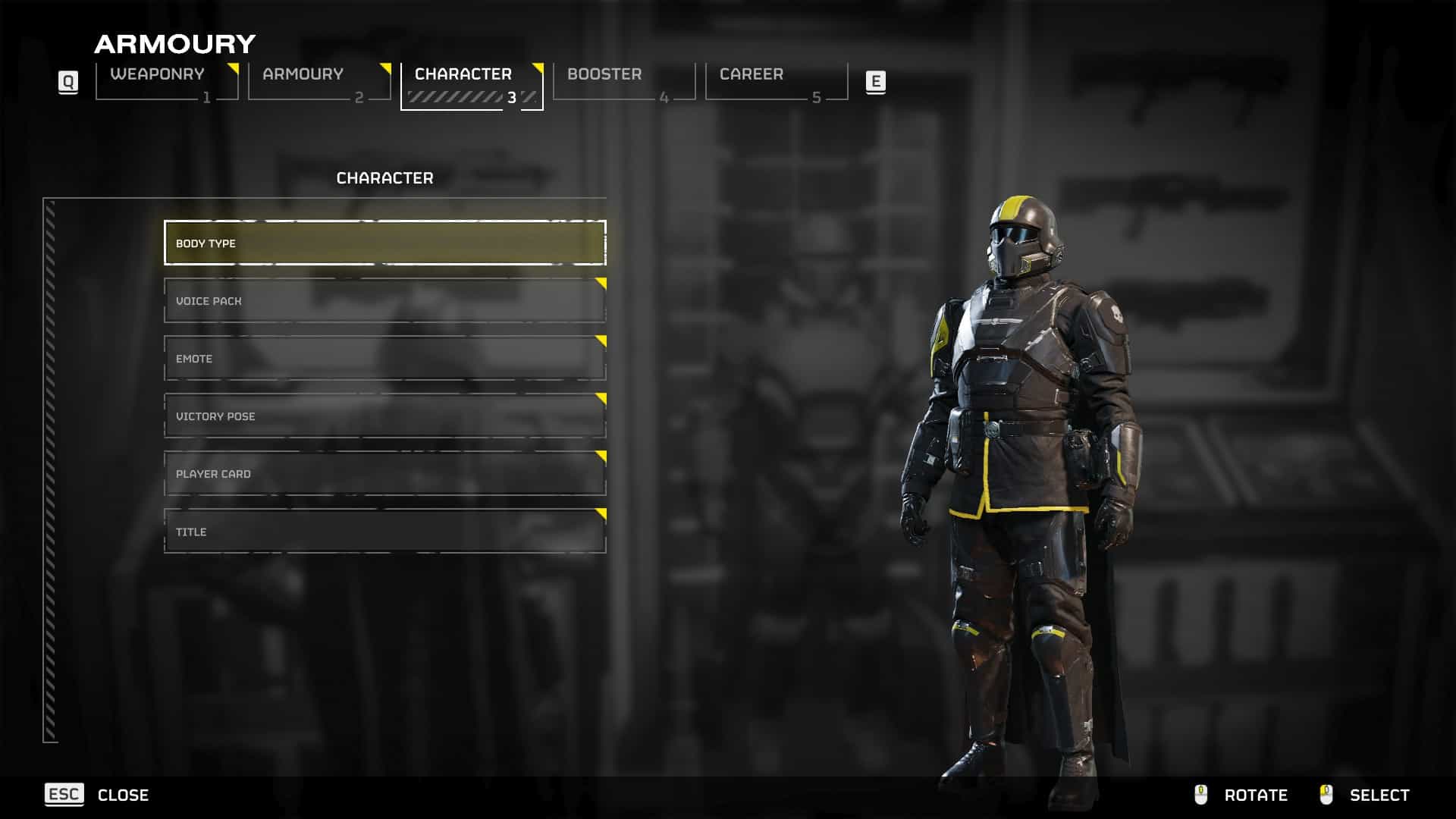Helldivers 2 character customization: The Character tab in the Armoury in Helldivers 2.