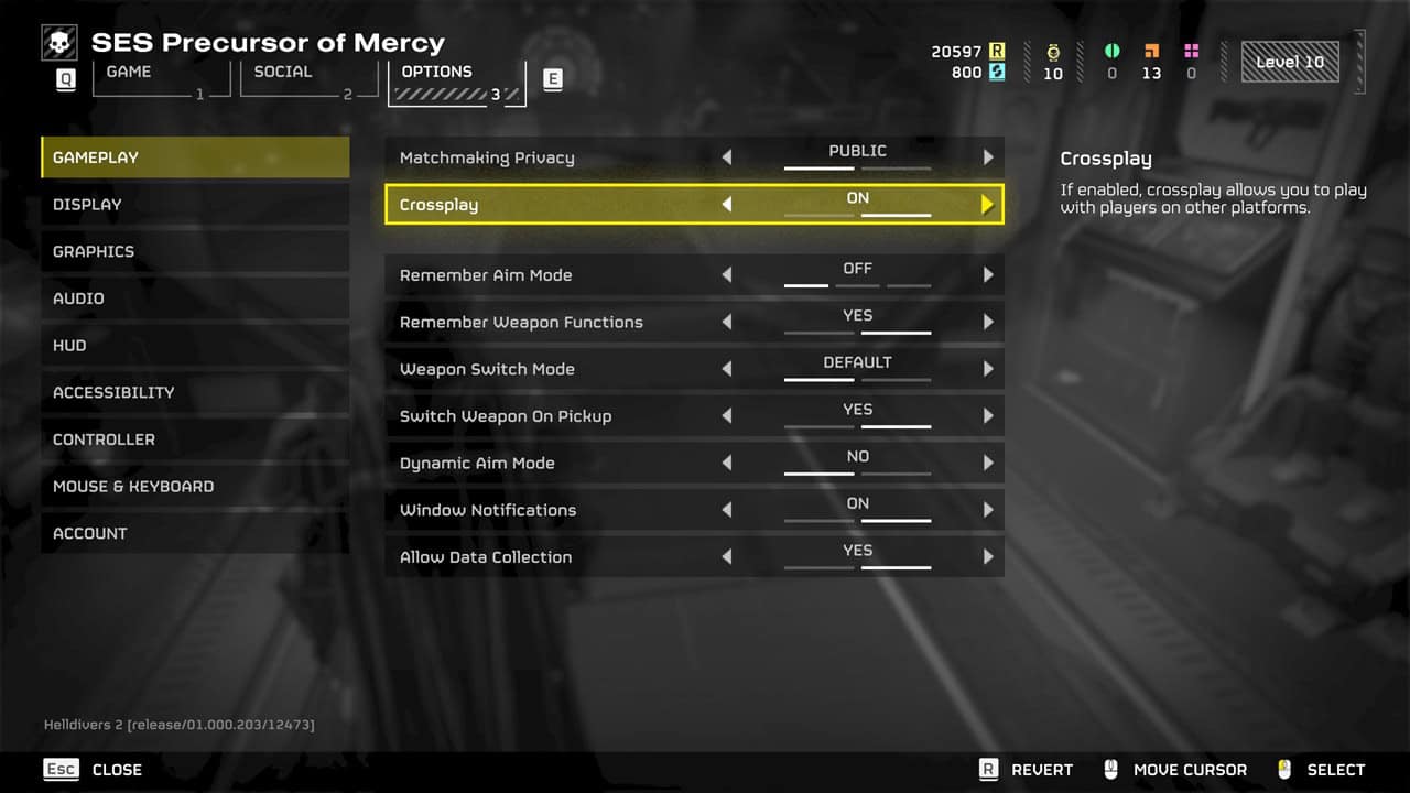 Helldivers 2 crossplay: The Options menu with the crossplay option highlighted. Image captured by VideoGamer.
