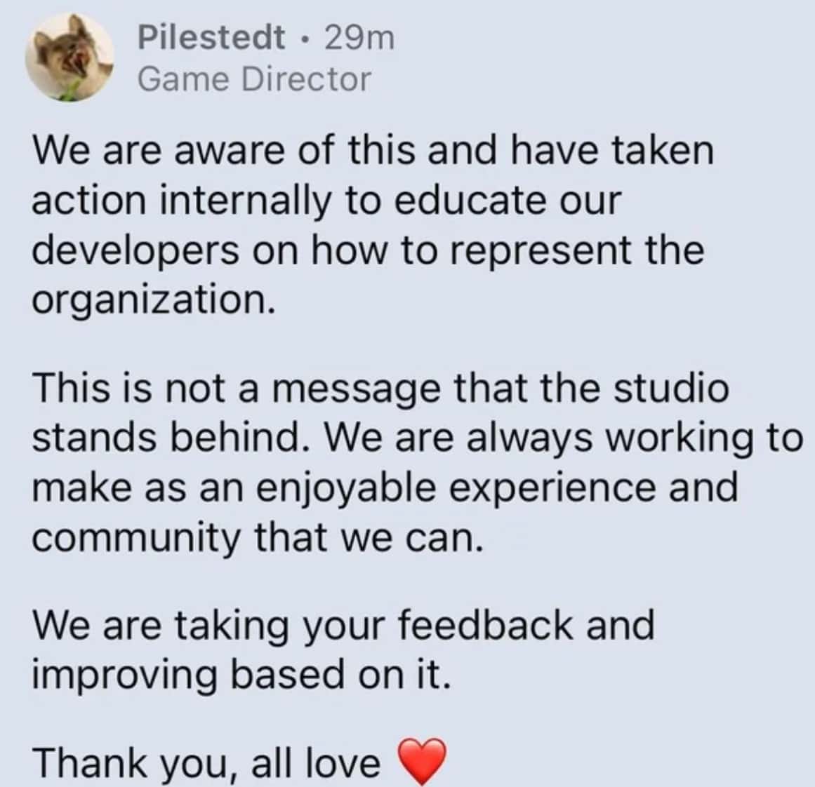 An image of Arrowhead CEO Johan Pilestedt's response to players. Image via Reddit.