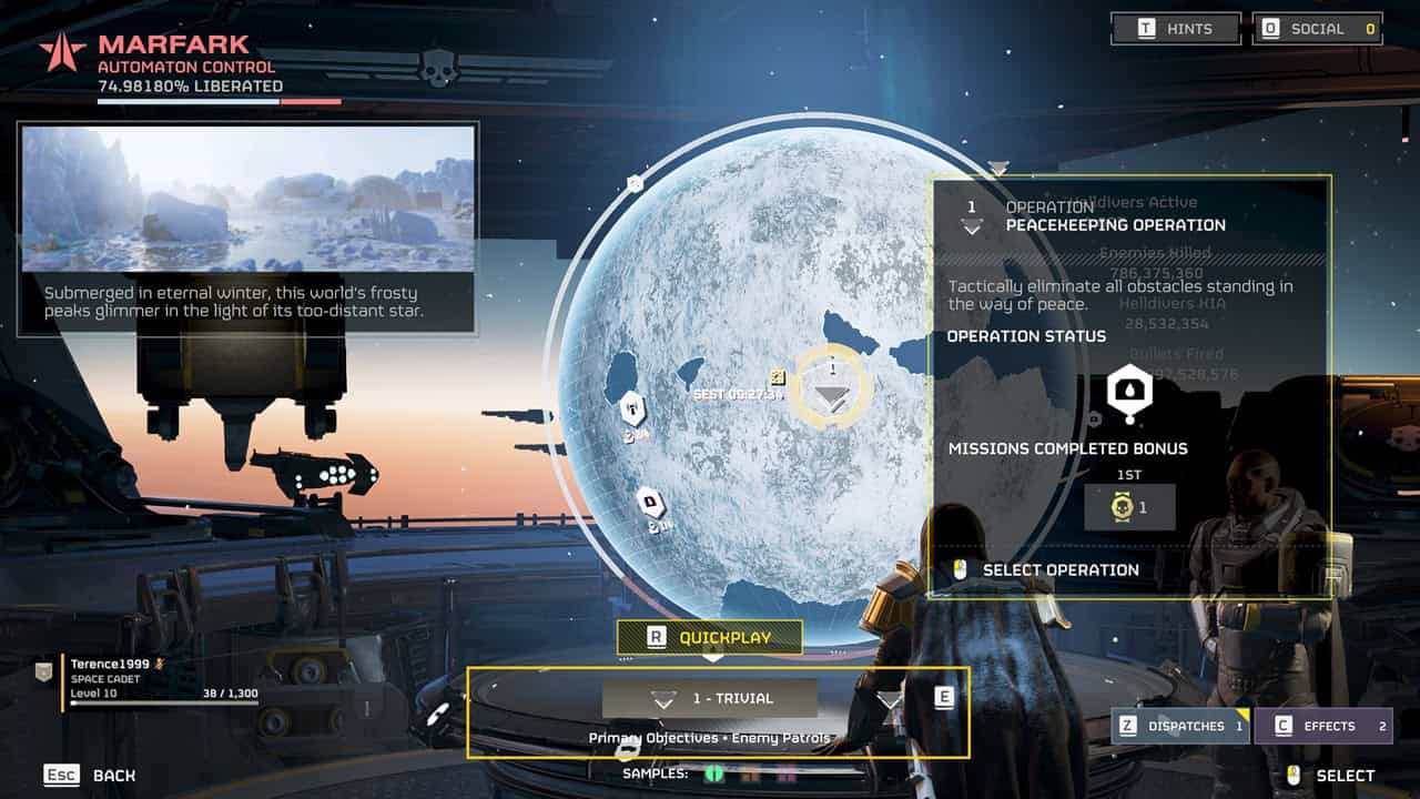 Helldivers 2 difficulty levels: A player checks the Galactic War console, with the difficulty highlighted. Image captured by VideoGamer.
