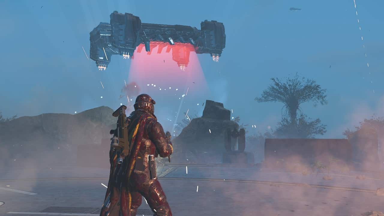 A player stands in front of a Dropship in Helldivers 2. Image captured by VideoGamer.