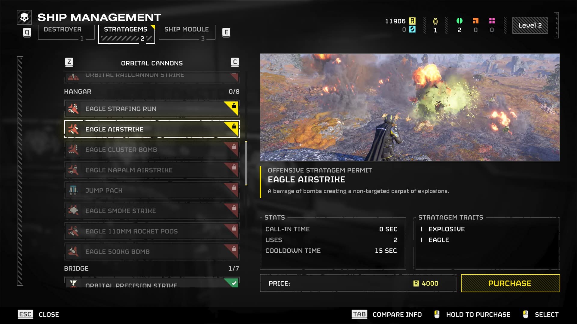 A screenshot of the ship management screen in Helldivers 2, showcasing the Eagle rearm feature and explaining how it works.