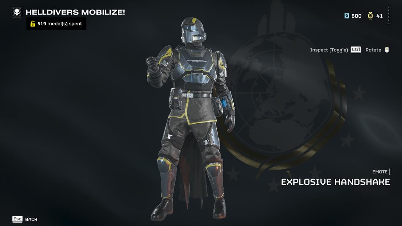 Helldivers 2 emotes: The Explosive handshake emote in the acquisitions menu. Image captured by VideoGamer.
