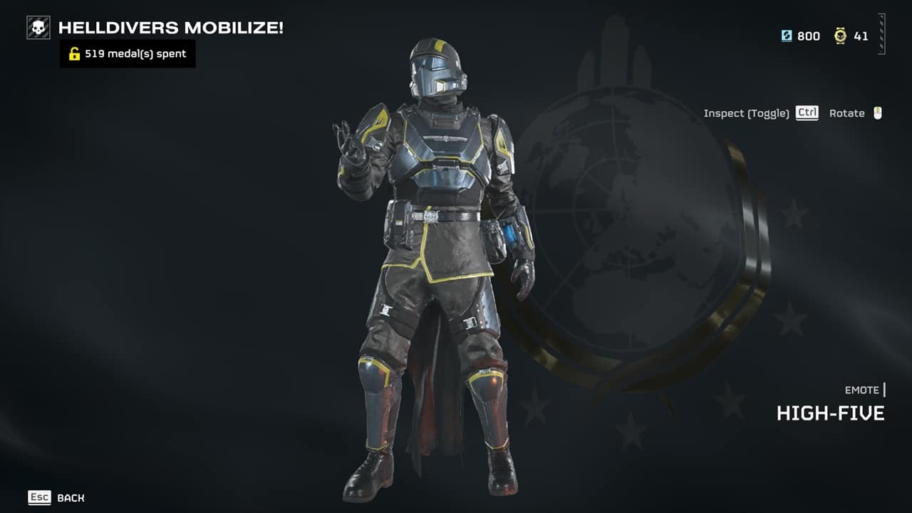 Helldivers 2 emotes: The High-Five emote in the acquisitions menu. Image captured by VideoGamer.