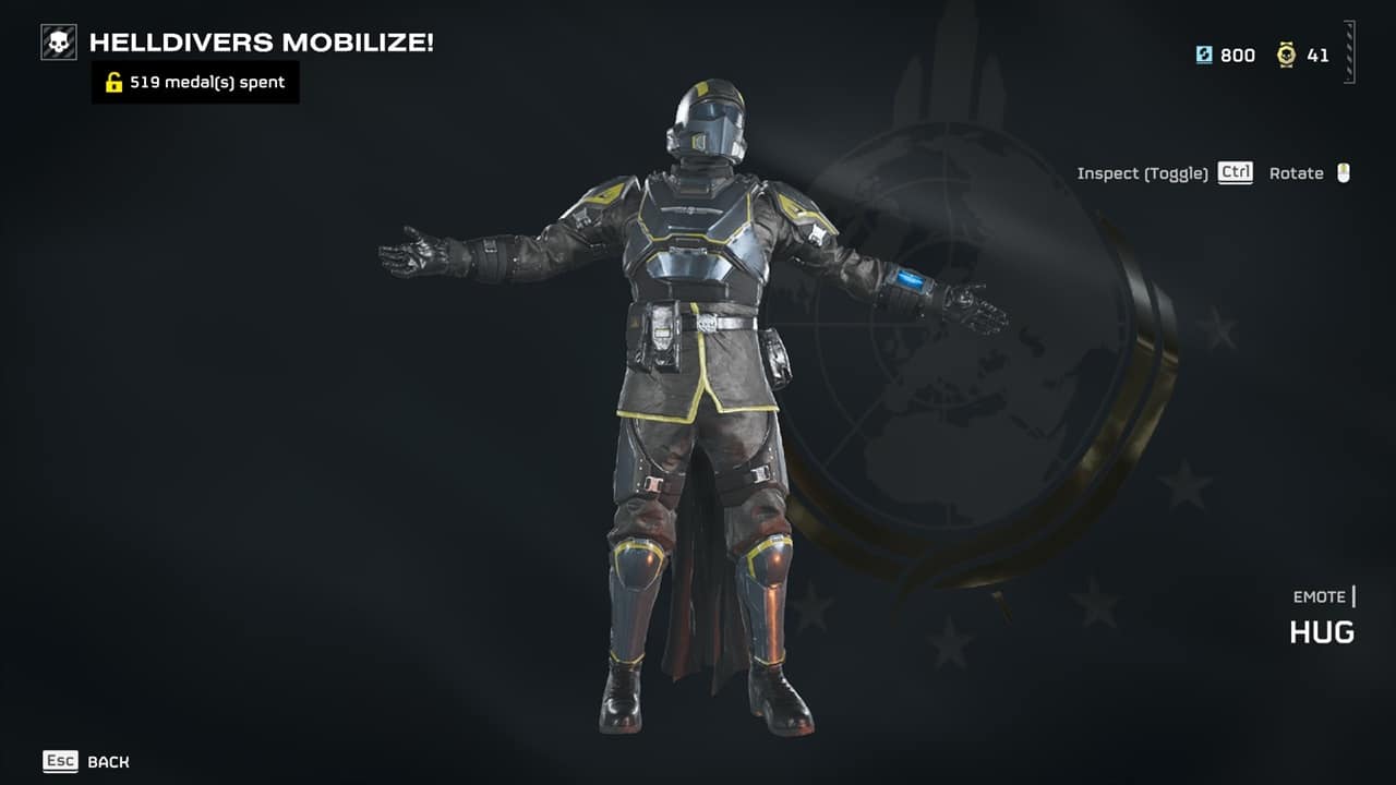 Helldivers 2 emotes: The hug emote in the acquisitions menu. Image captured by VideoGamer.