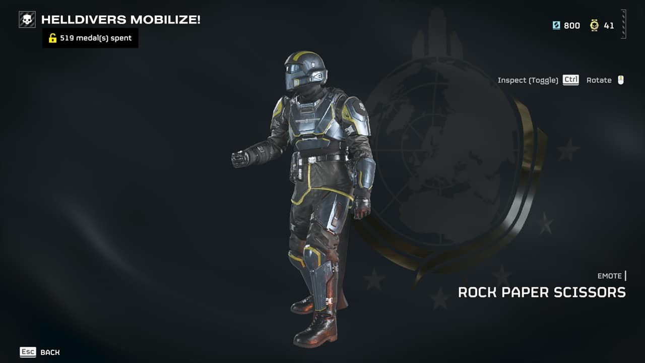 Helldivers 2 emotes: The rock paper scissors emote in the acquisitions menu. Image captured by VideoGamer.