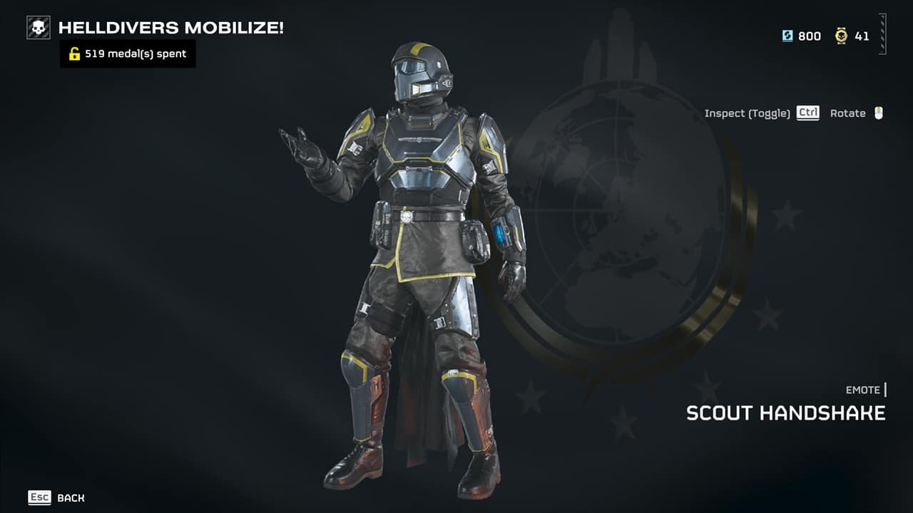 Helldivers 2 emotes: The Scout Handshake emote in the acquisitions menu. Image captured by VideoGamer.