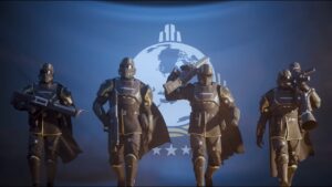 Four Helldiver soldiers holding weapons in front of a Super Earth flag
