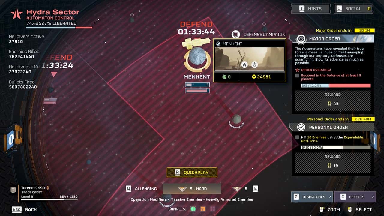 Helldivers 2 Galactic War Status: Planet Menhent is highlighted in the Galactic War console in-game. Image captured by VideoGamer.