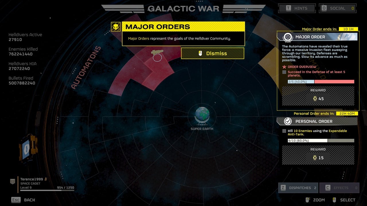 Helldivers 2 Galactic War Status: The Major Order in the Galactic War console in-game. Image captured by VideoGamer.