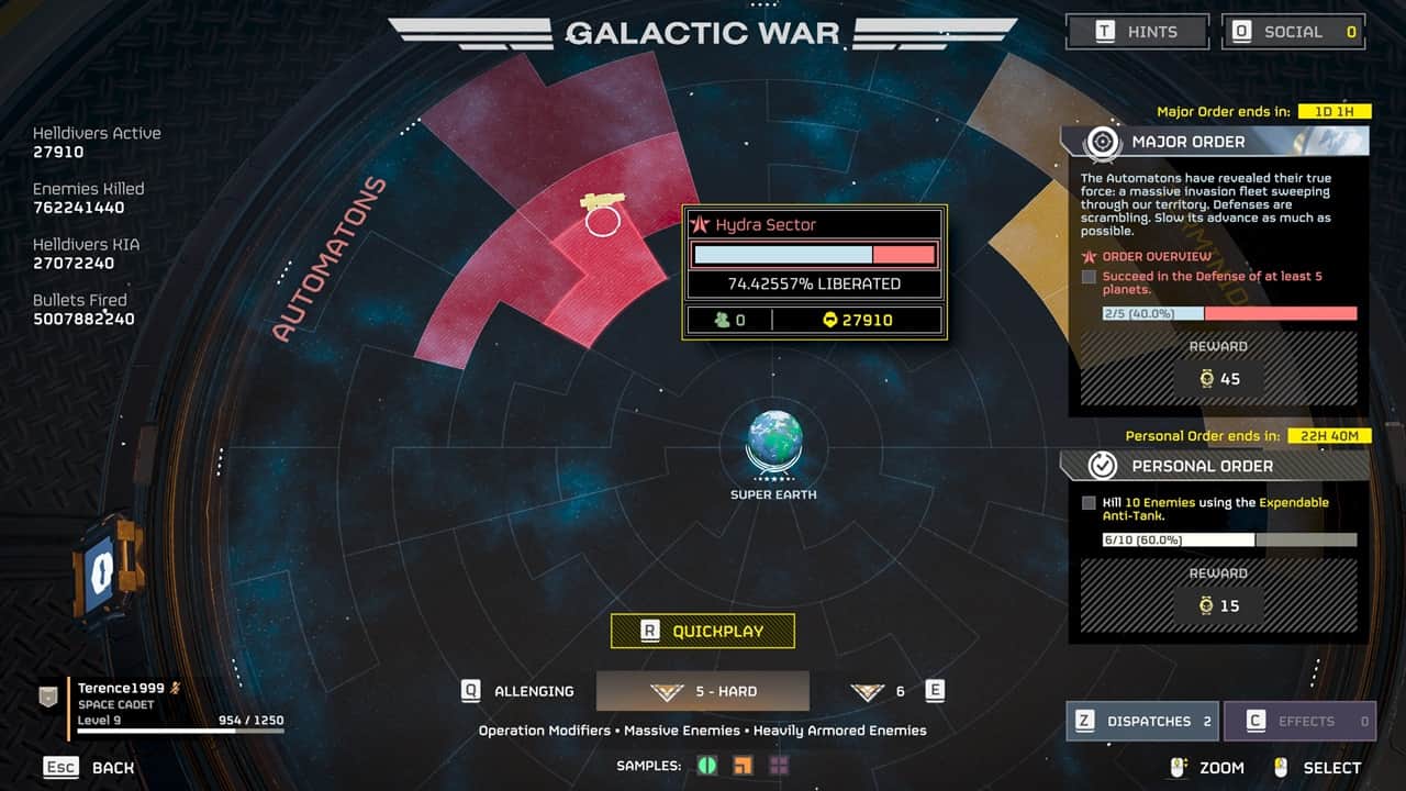 Helldivers 2 Galactic War Status: The Hydra sector's liberation progress is highlighted in the Galactic War console. Image captured by VideoGamer.