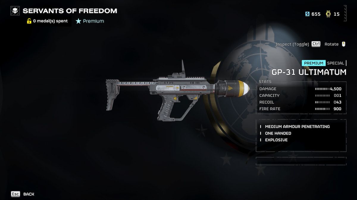Image of the stat page for the GP-31 Ultimatum special secondary weapon in Helldivers 2. 