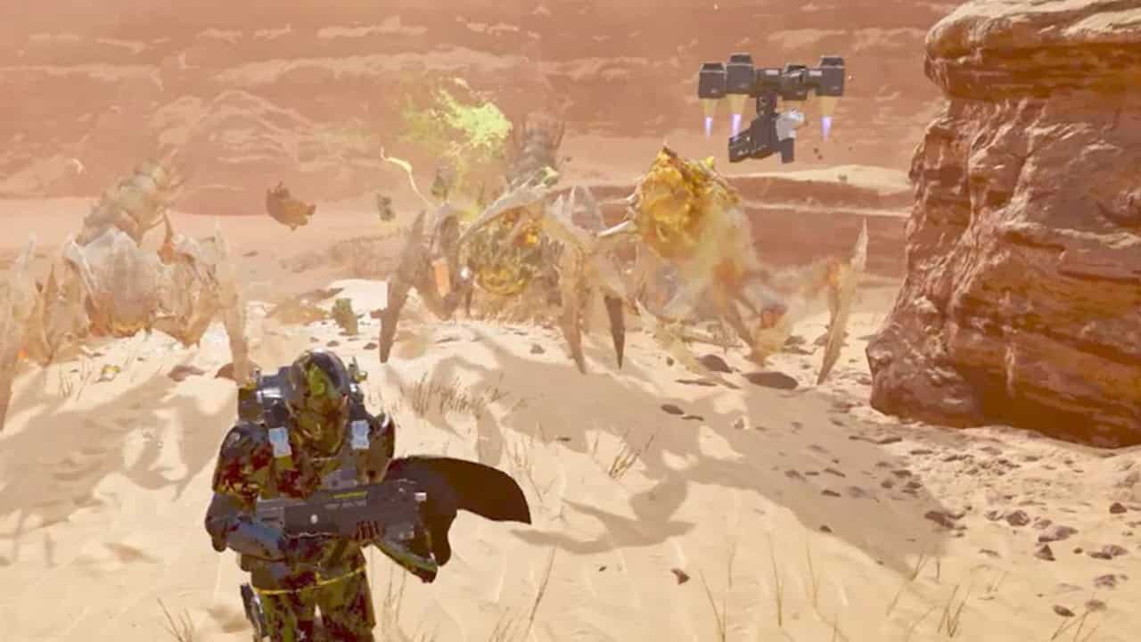 Helldivers 2 best Guard Dog: A player uses the Guard Dog to fight Terminids. Image captured by VideoGamer.